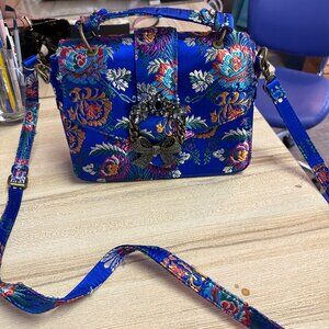 Aldo blue satin floral embroidery hand bag